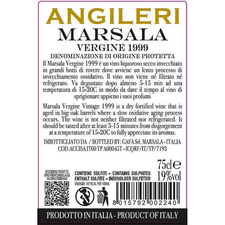 Retro Etichetta Marsala Vergine 1999 Angileri